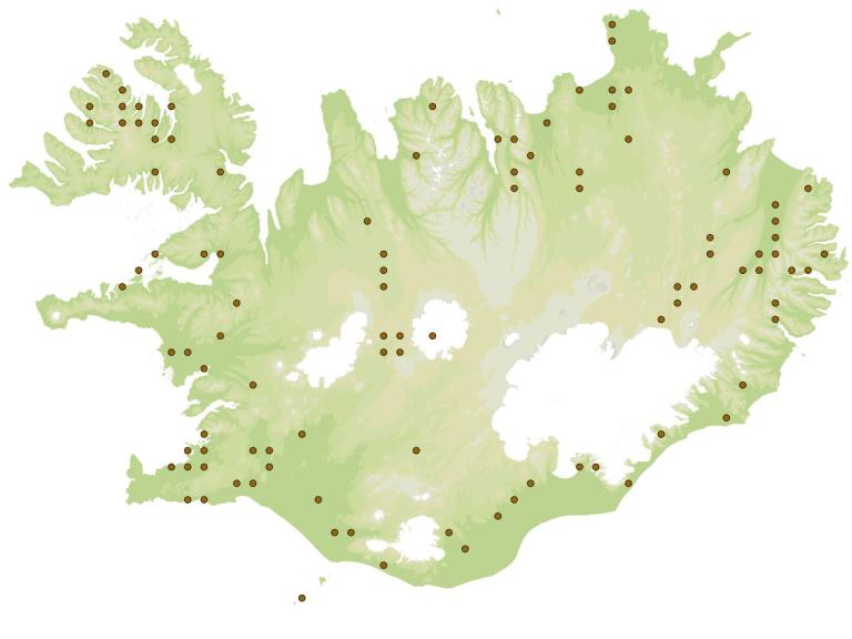 Birkifeti (Rheumaptera hastata) - fundarstaðir samkvæmt eintökum í safni Náttúrufræðistofnunar Íslands