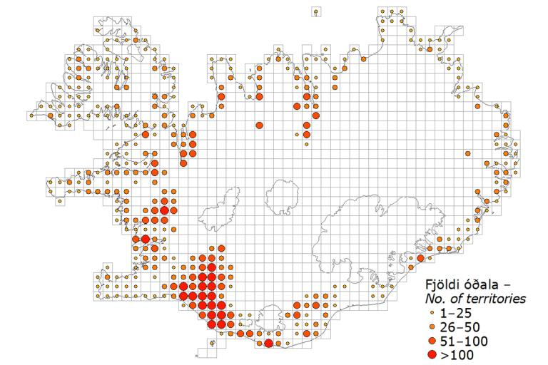 Tjaldur: útbreiðsla og reiknaður fjöldi óðala 
