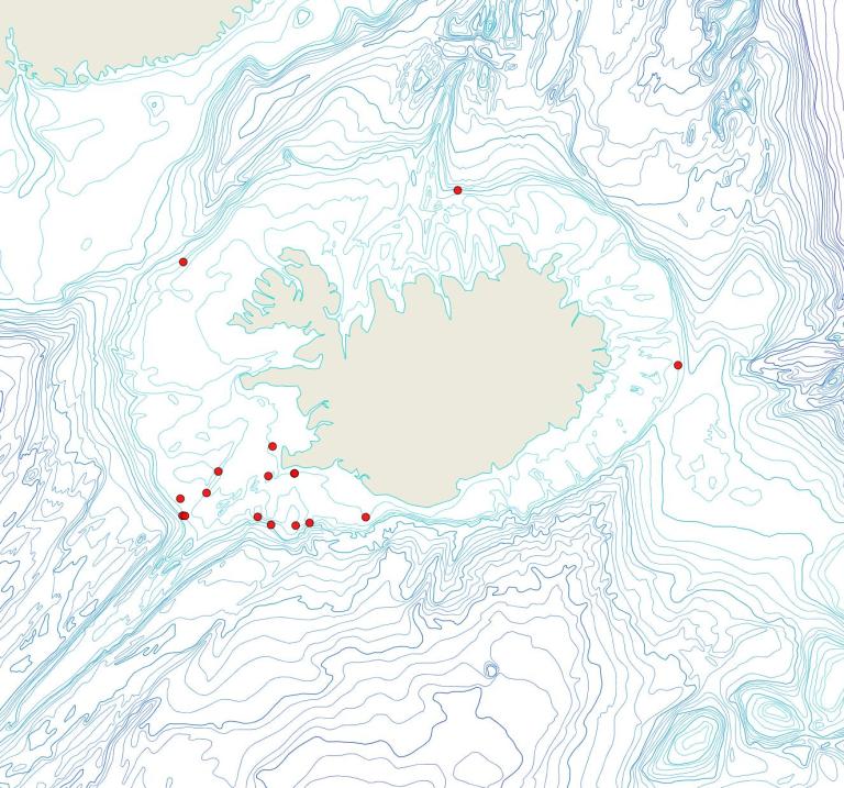 Útbreiðsla Bicrisia abyssicola(Bioice samples, red dots)