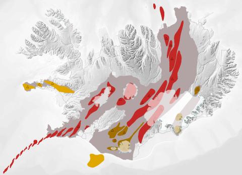 Kort af þremur bergröðum Íslands í mælikvarða 1:600.000