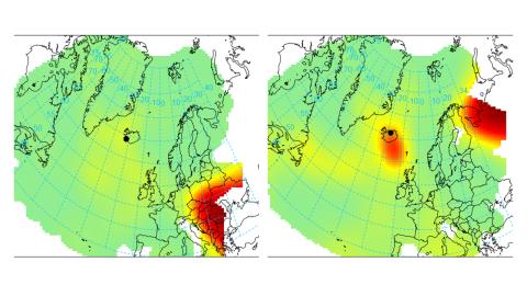 Potential sources of pollen coming to Iceland from other parts of the world (map to the right - model for Reykjavik, map to the left for Akureyri)