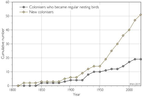 Colonisation of bird species in Iceland 1800–2015