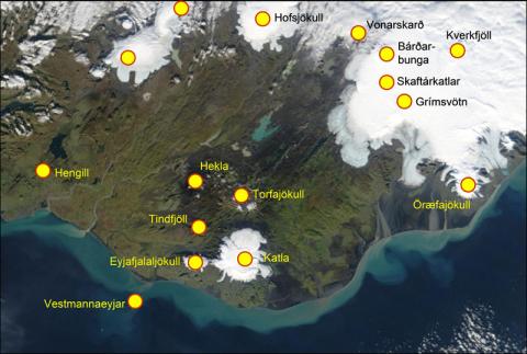 Kort af eldstöðvum á Suðurlandi