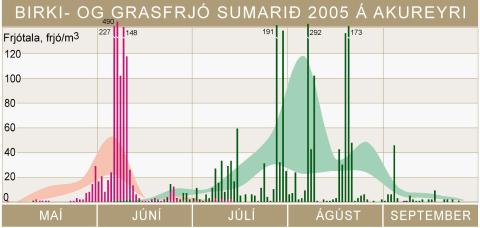 frjoAK_2005 Birki- og grasfrjó sumarið 2005 á Akureyri