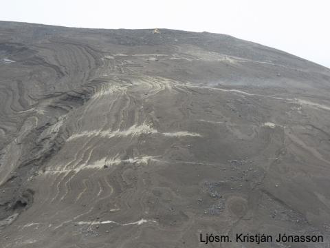 kj_Surtsey2013_hitasprungur_4310 Jarðhitasprungur sáust vel í röku móberginu