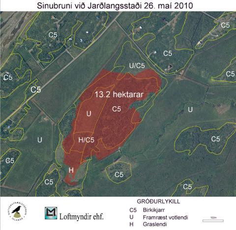 Gróðurkort sem sýnir sinubrunann við Jarðlangsstaði 2010