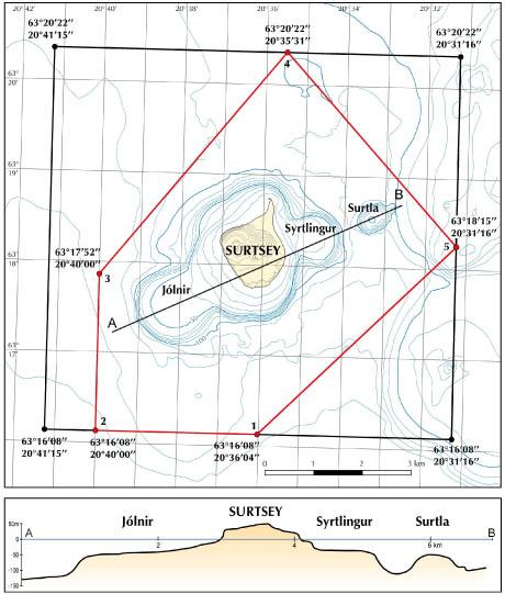 Kort og þversnið af friðlandinu í Surtsey Kort og þversnið af friðlandinu í Surtsey