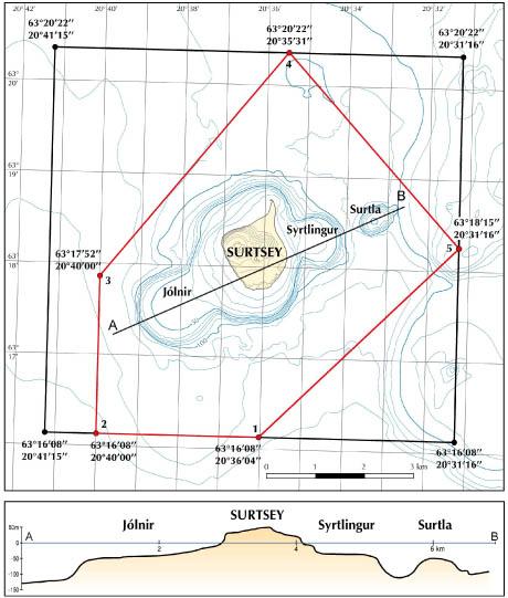 Kort og þversnið af friðlandinu í Surtsey